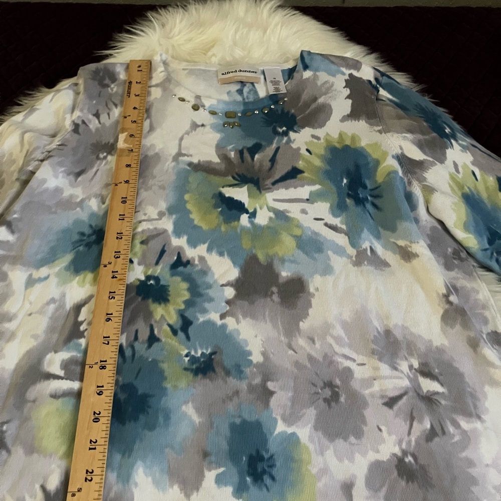 Alfred Dunner Floral Sweater Blue, Green, Gray With Embellish Neckline